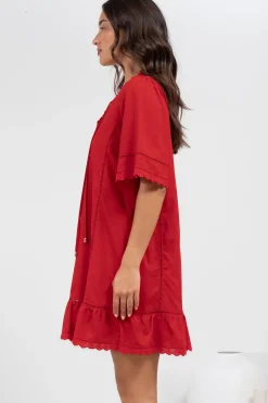 Kiki Mini Dress - V-Neck Shift Dress with Scallop Lace Hemlines in Red><noscript><img width=