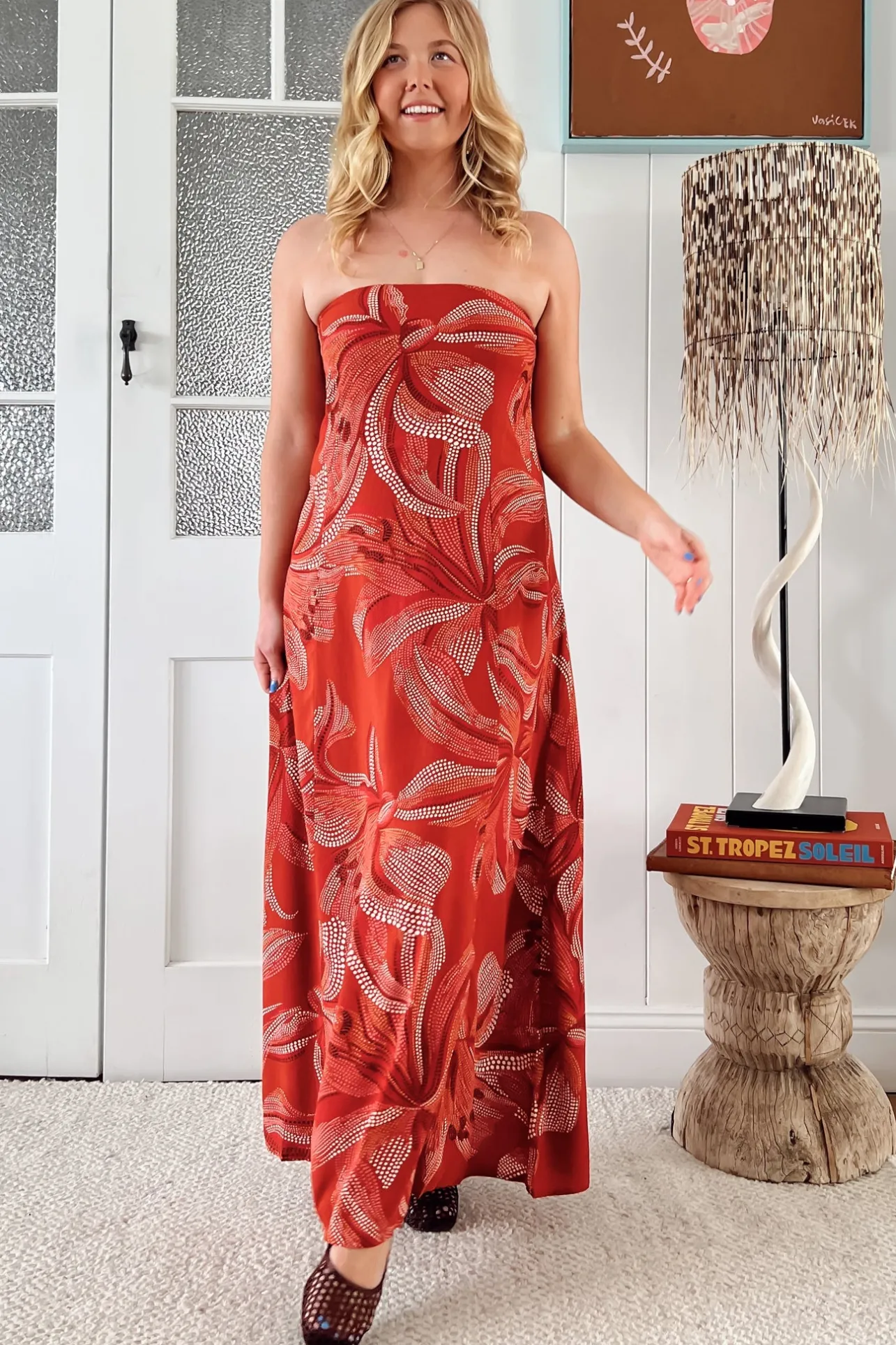 Kingsley Maxi Dress - Strapless A Line Maxi Dress in Hibiscus Print>Jaase Sale