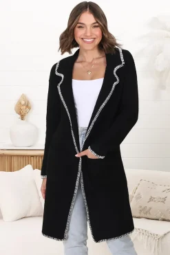 Kinny Cardigan - Collared Contrast Stitching Cardigan in Black>Salty Crush Hot