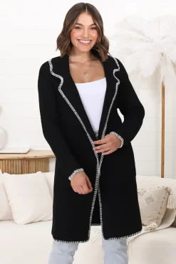 Kinny Cardigan - Collared Contrast Stitching Cardigan in Black><noscript><img width=