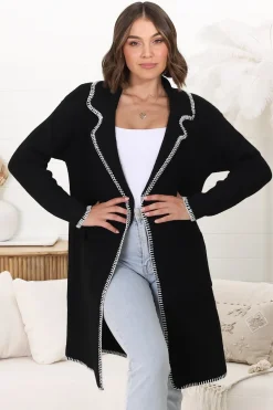 Kinny Cardigan - Collared Contrast Stitching Cardigan in Black><noscript><img width=