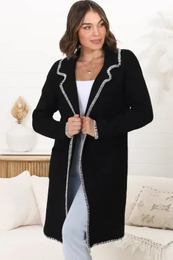 Kinny Cardigan - Collared Contrast Stitching Cardigan in Black><noscript><img width=