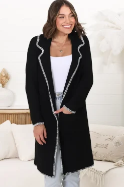 Kinny Cardigan - Collared Contrast Stitching Cardigan in Black><noscript><img width=