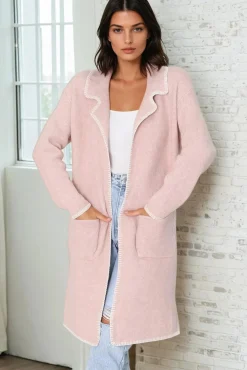 Kinny Cardigan - Collared Contrast Stitching Cardigan in Pink><noscript><img width=