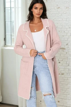 Kinny Cardigan - Collared Contrast Stitching Cardigan in Pink><noscript><img width=