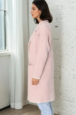Kinny Cardigan - Collared Contrast Stitching Cardigan in Pink><noscript><img width=