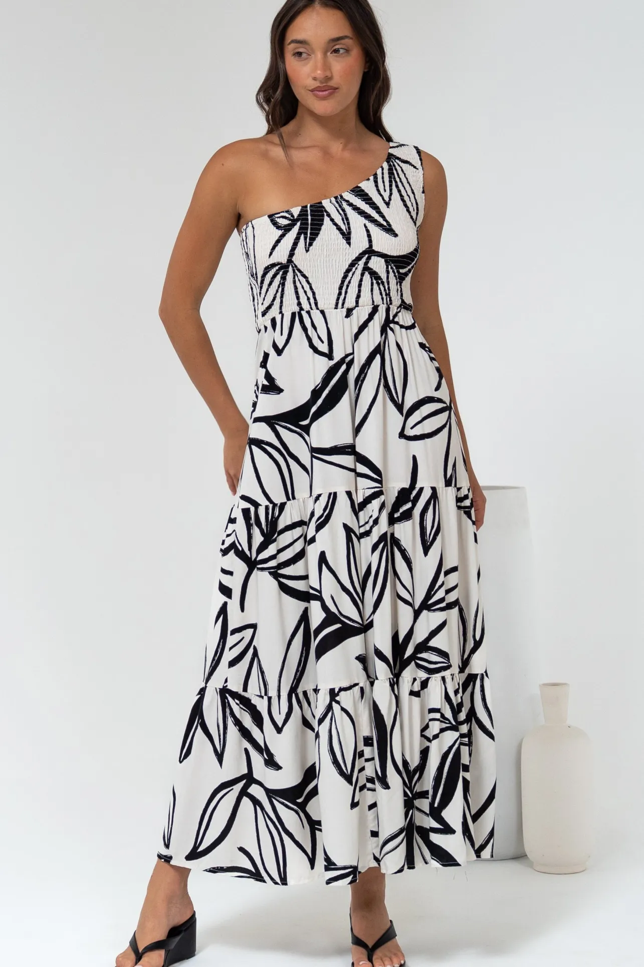 Kleo Midi Dress - One Shoulder Elasticated Bodice A-Line Dress in Halsey Print>Salty Crush Hot
