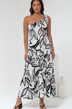 Kleo Midi Dress - One Shoulder Elasticated Bodice A-Line Dress in Halsey Print>Salty Crush Hot