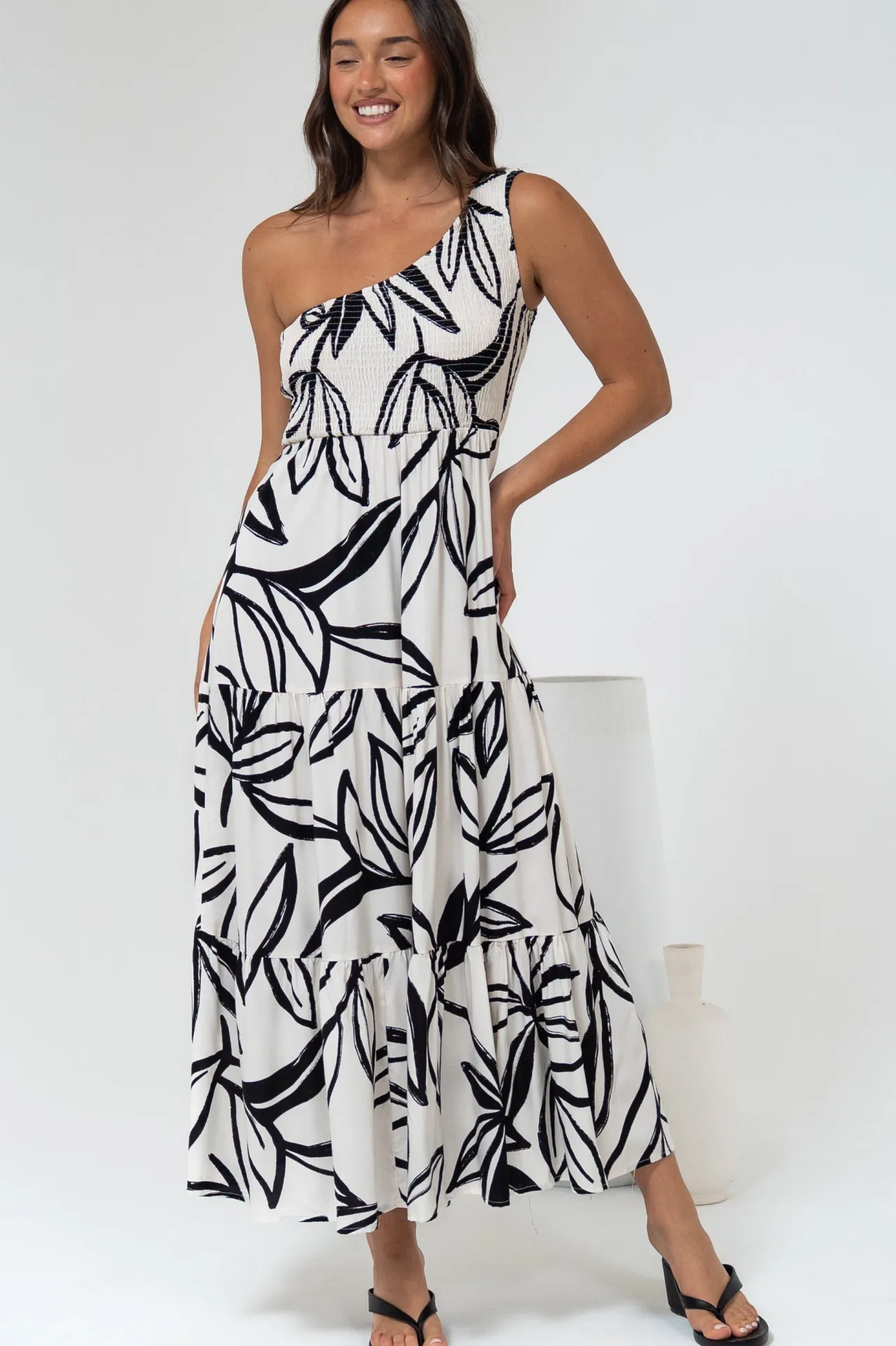 Kleo Midi Dress - One Shoulder Elasticated Bodice A-Line Dress in Halsey Print>Salty Crush Hot
