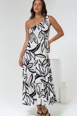 Kleo Midi Dress - One Shoulder Elasticated Bodice A-Line Dress in Halsey Print><noscript><img width=