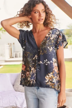 Koi Top - Cap Sleeve Pull Over Top with Matching Waist Tie in Indigo Print><noscript><img width=