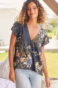 Koi Top - Cap Sleeve Pull Over Top with Matching Waist Tie in Indigo Print><noscript><img width=