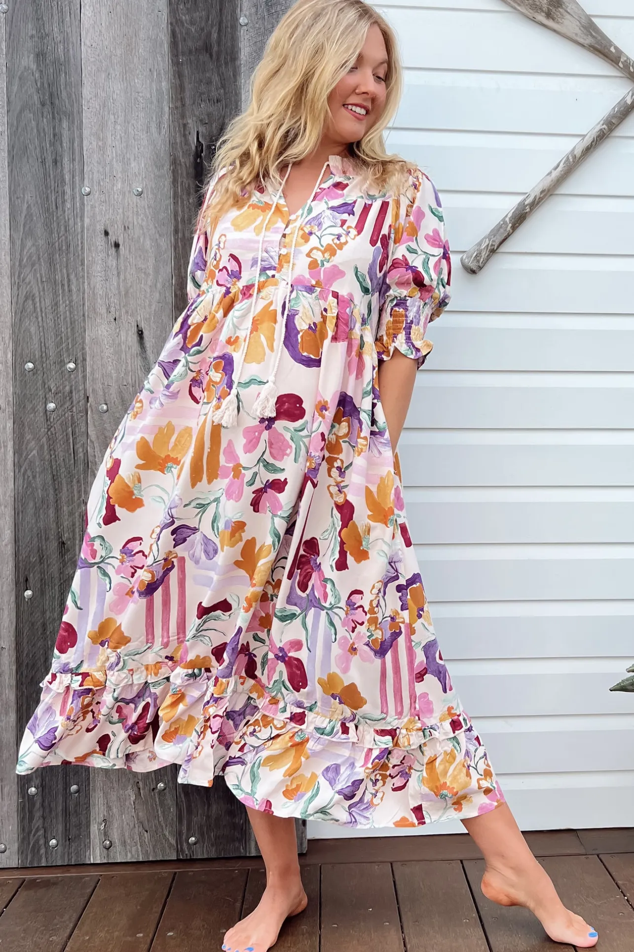 Kora Midi Dress - Short Balloon Sleeve Shift Dress in Sweet Lily Print>Jaase Online