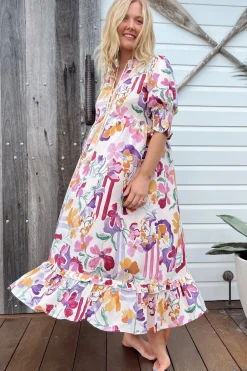 Kora Midi Dress - Short Balloon Sleeve Shift Dress in Sweet Lily Print><noscript><img width=