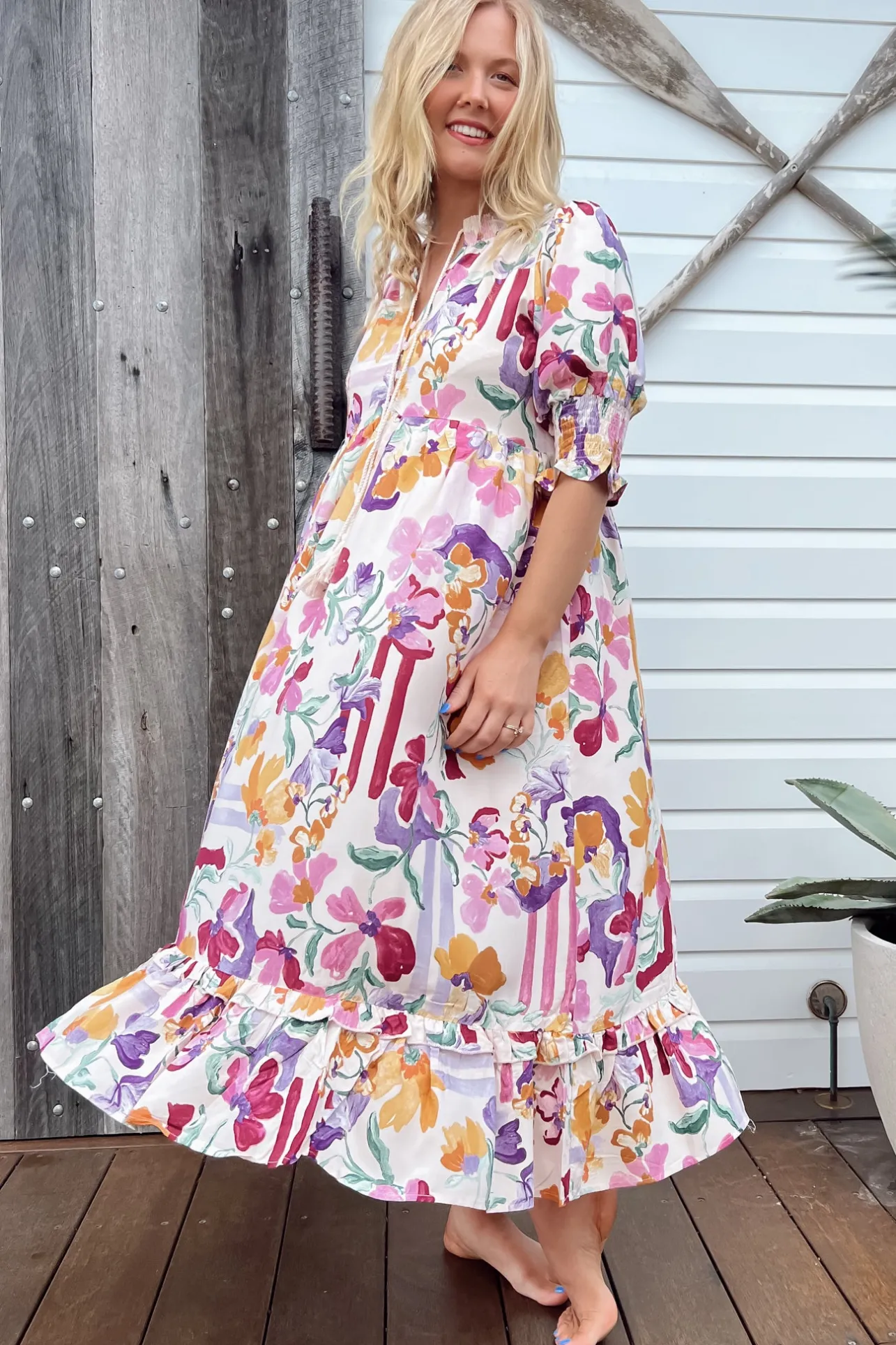 Kora Midi Dress - Short Balloon Sleeve Shift Dress in Sweet Lily Print>Jaase Online