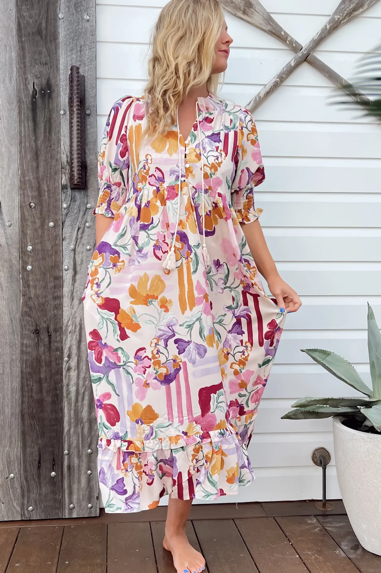 Kora Midi Dress - Short Balloon Sleeve Shift Dress in Sweet Lily Print>Jaase Online