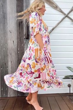 Kora Midi Dress - Short Balloon Sleeve Shift Dress in Sweet Lily Print><noscript><img width=