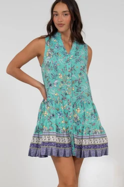 Kristy Mini Dress - Mandarin Collar Sleeveless Dress in Bristal Print>Salty Crush Clearance
