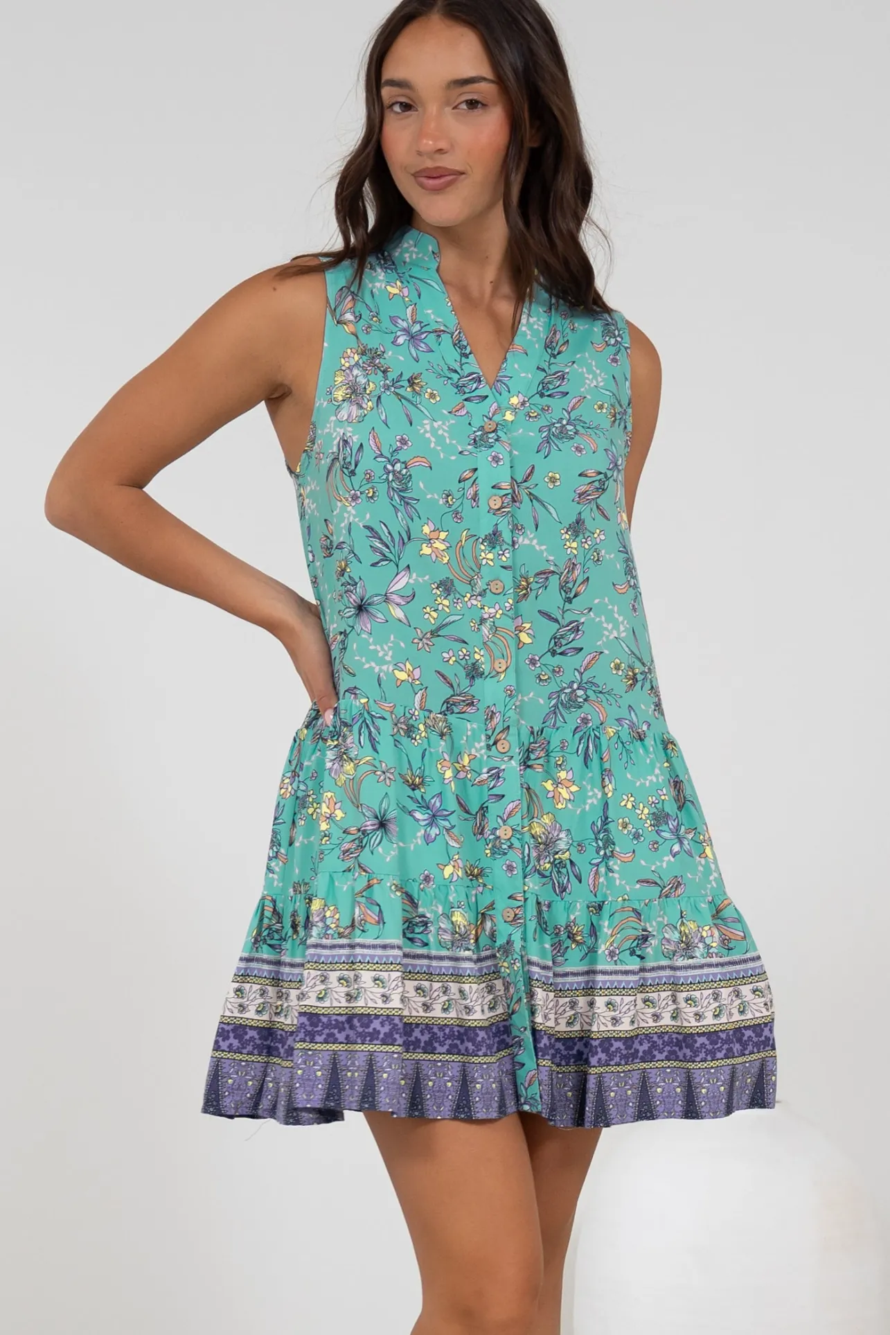 Kristy Mini Dress - Mandarin Collar Sleeveless Dress in Bristal Print>Salty Crush Clearance