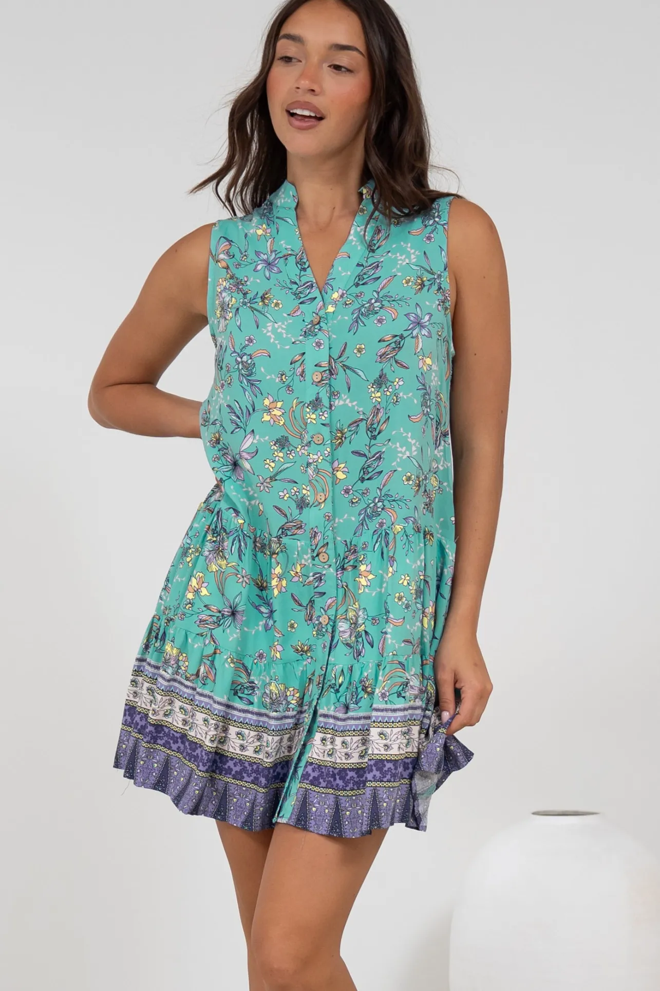 Kristy Mini Dress - Mandarin Collar Sleeveless Dress in Bristal Print>Salty Crush Clearance