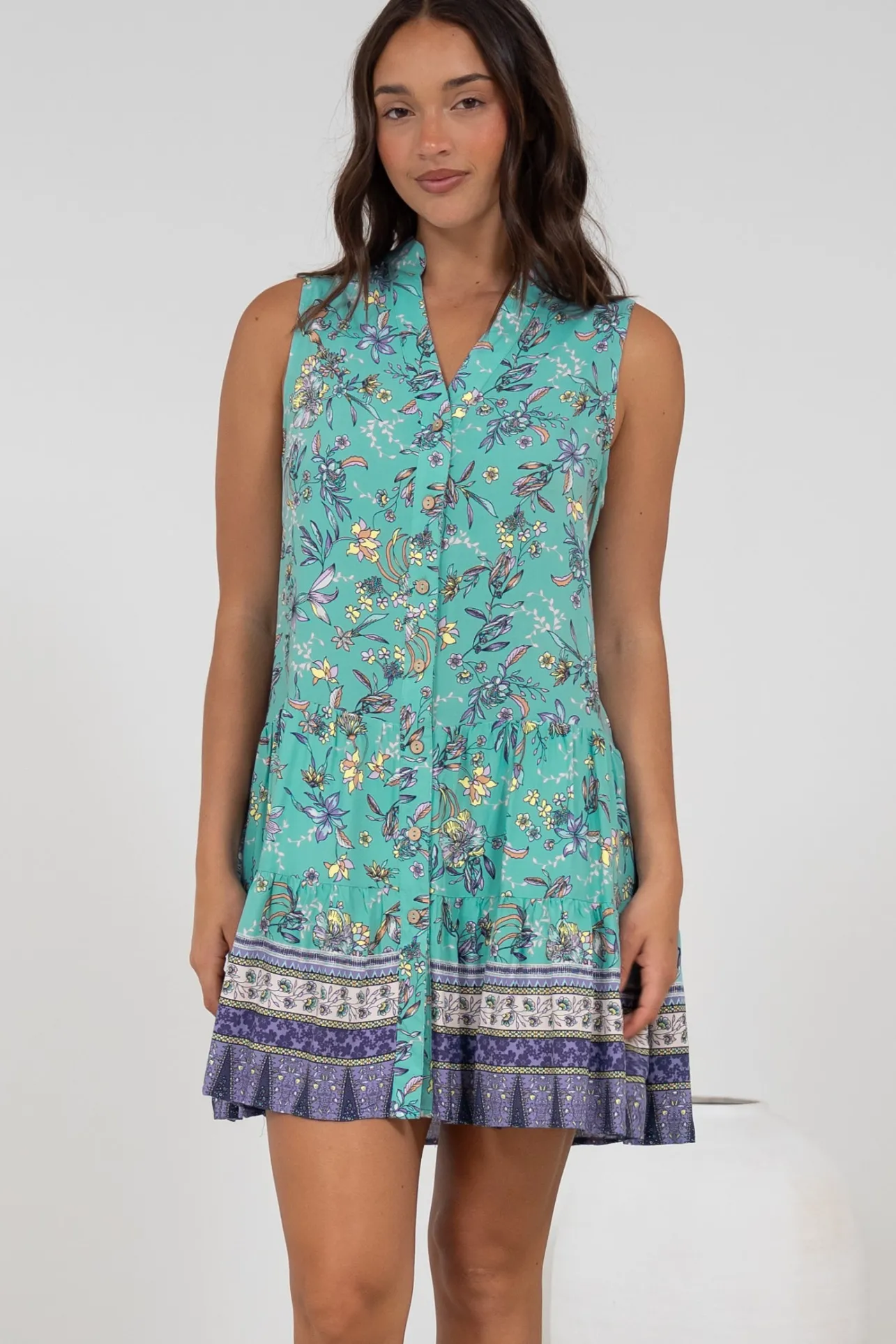 Kristy Mini Dress - Mandarin Collar Sleeveless Dress in Bristal Print>Salty Crush Clearance
