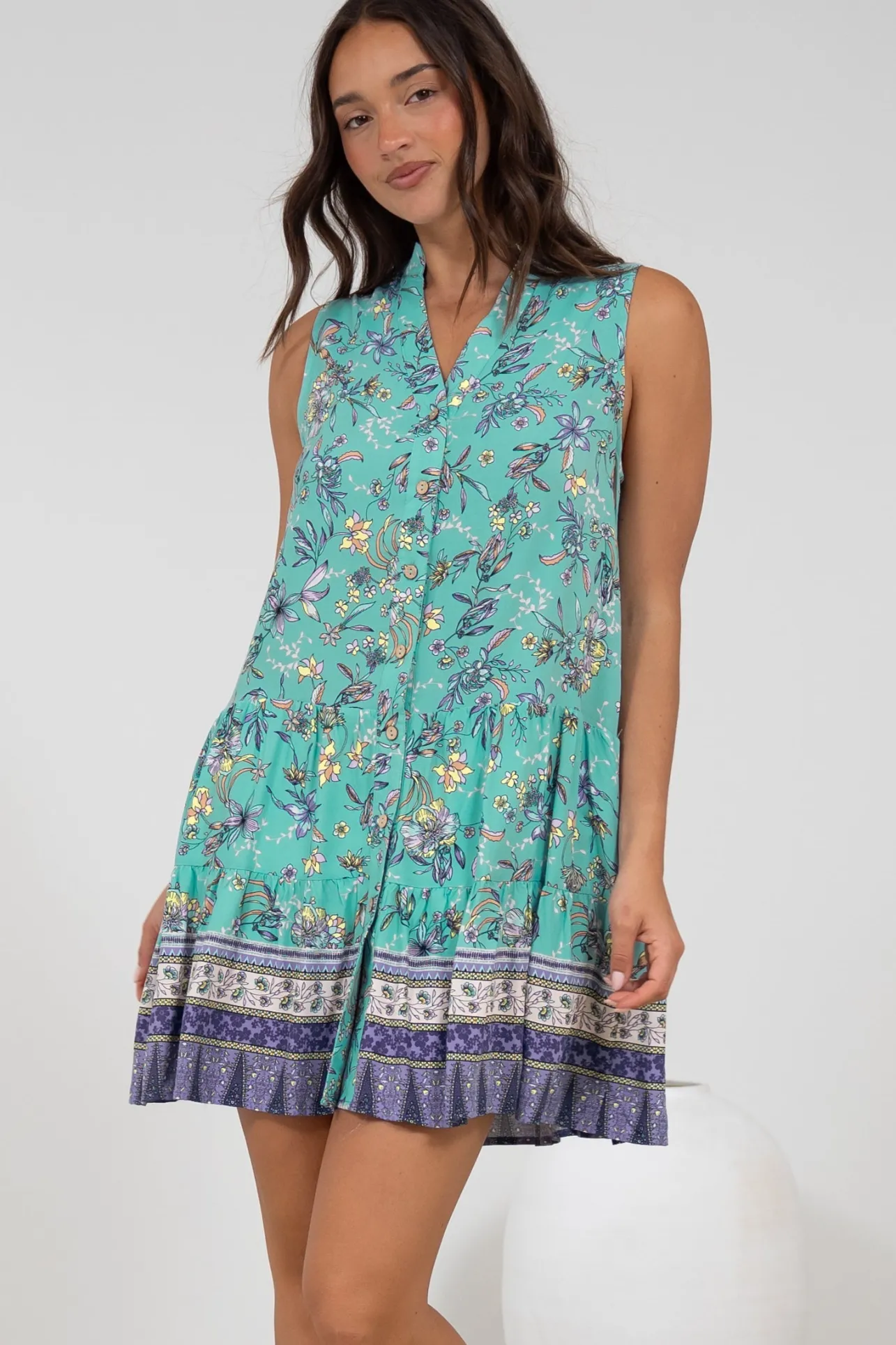 Kristy Mini Dress - Mandarin Collar Sleeveless Dress in Bristal Print>Salty Crush Clearance