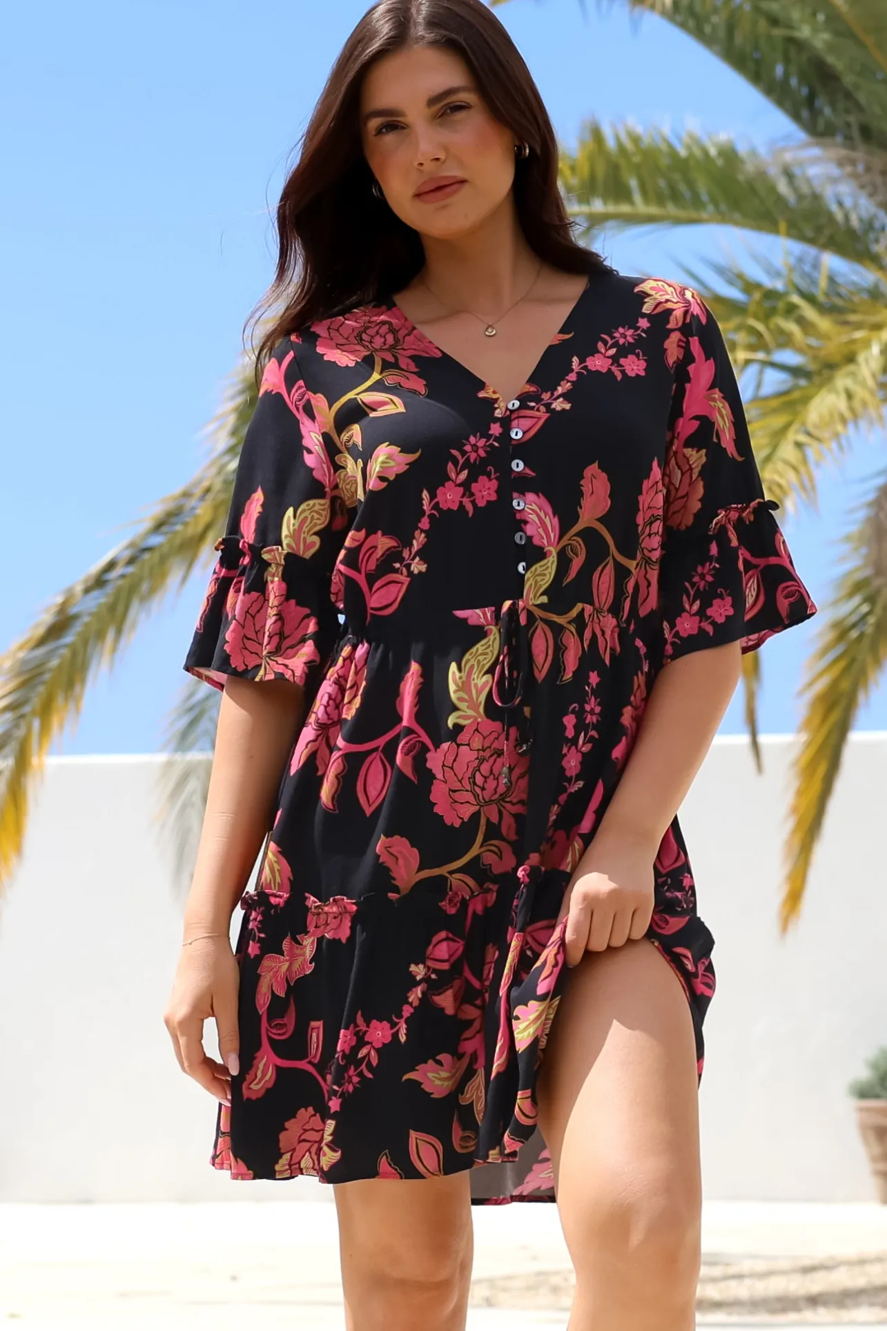 Kyra Mini Dress - Tiered V-Neck Dress with Pull Tie Waist in Valerie Print>Salty Crush Sale