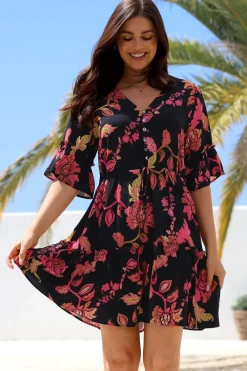 Kyra Mini Dress - Tiered V-Neck Dress with Pull Tie Waist in Valerie Print><noscript><img width=