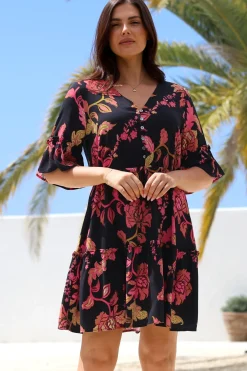 Kyra Mini Dress - Tiered V-Neck Dress with Pull Tie Waist in Valerie Print><noscript><img width=