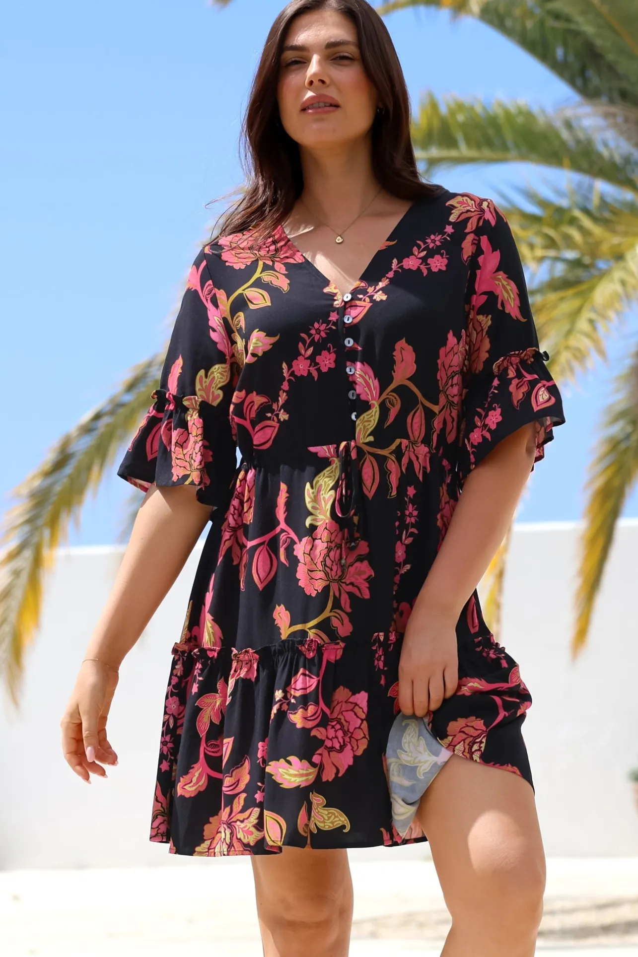 Kyra Mini Dress - Tiered V-Neck Dress with Pull Tie Waist in Valerie Print>Salty Crush Sale