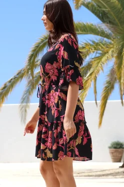 Kyra Mini Dress - Tiered V-Neck Dress with Pull Tie Waist in Valerie Print><noscript><img width=