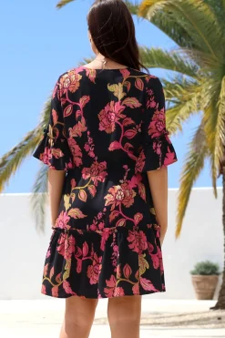 Kyra Mini Dress - Tiered V-Neck Dress with Pull Tie Waist in Valerie Print><noscript><img width=