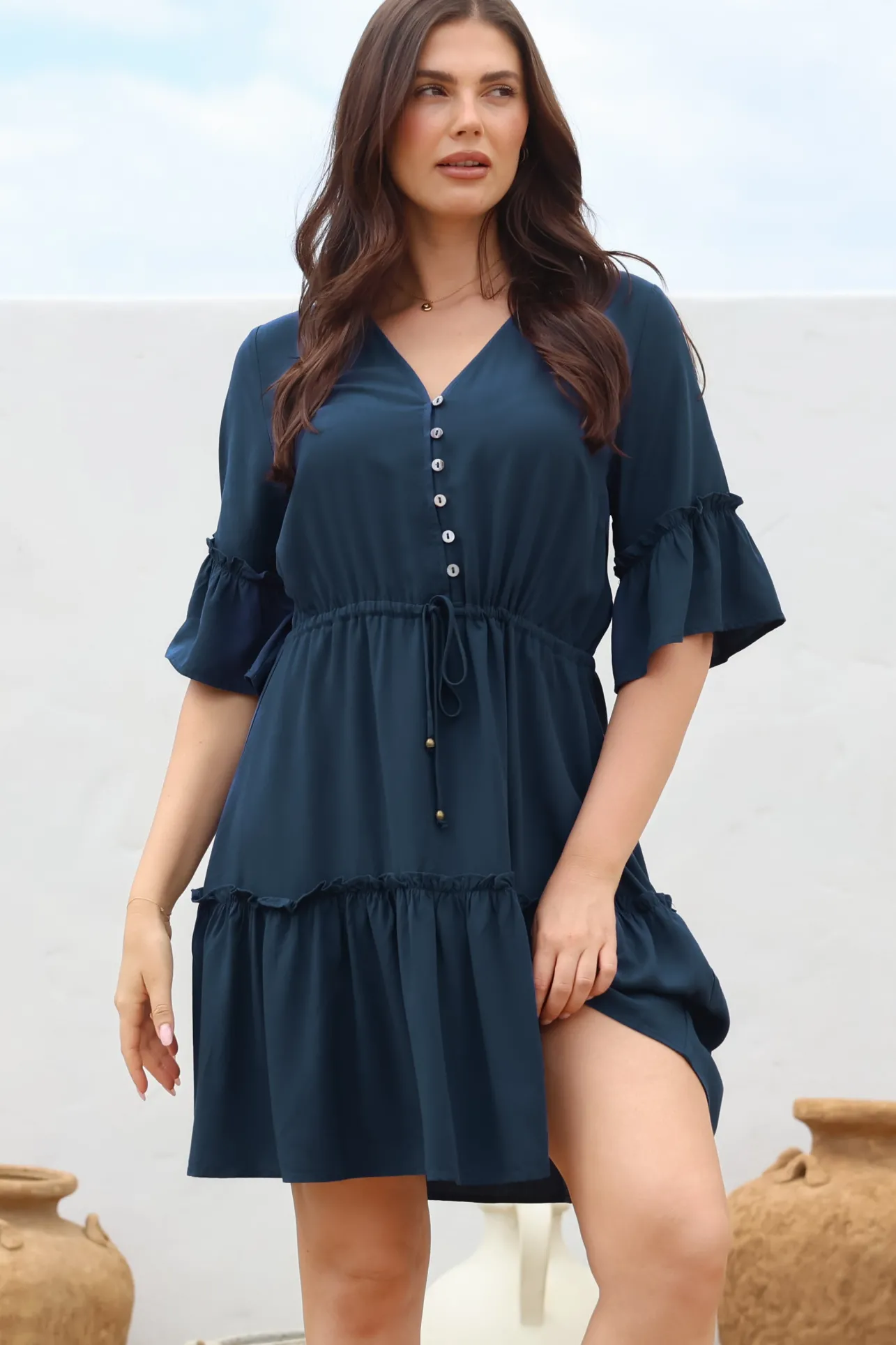 Kyra Mini Dress - Tiered V-Neck Dress with Pull Tie Waist in Blue>Salty Crush Outlet