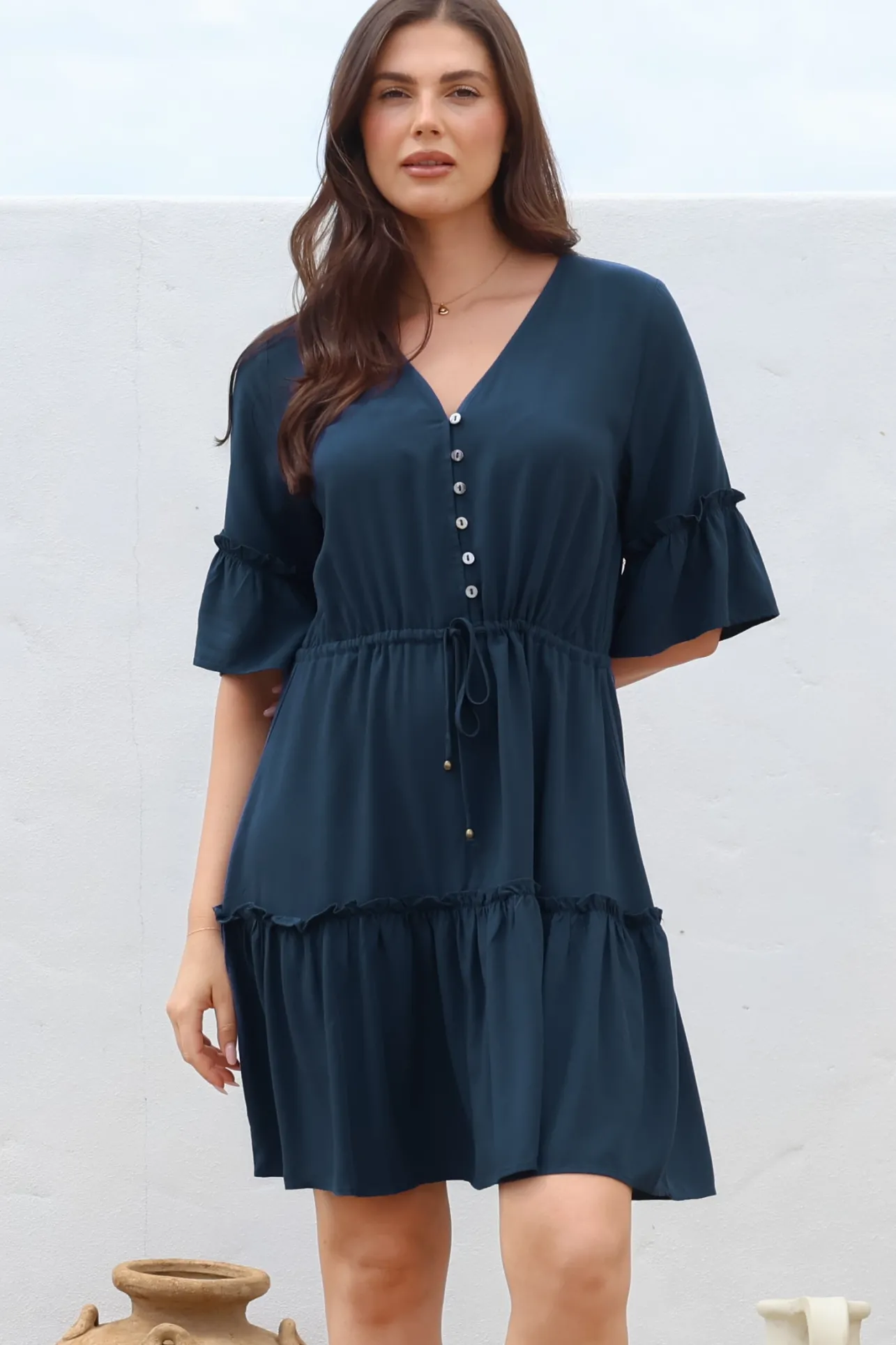 Kyra Mini Dress - Tiered V-Neck Dress with Pull Tie Waist in Blue>Salty Crush Outlet