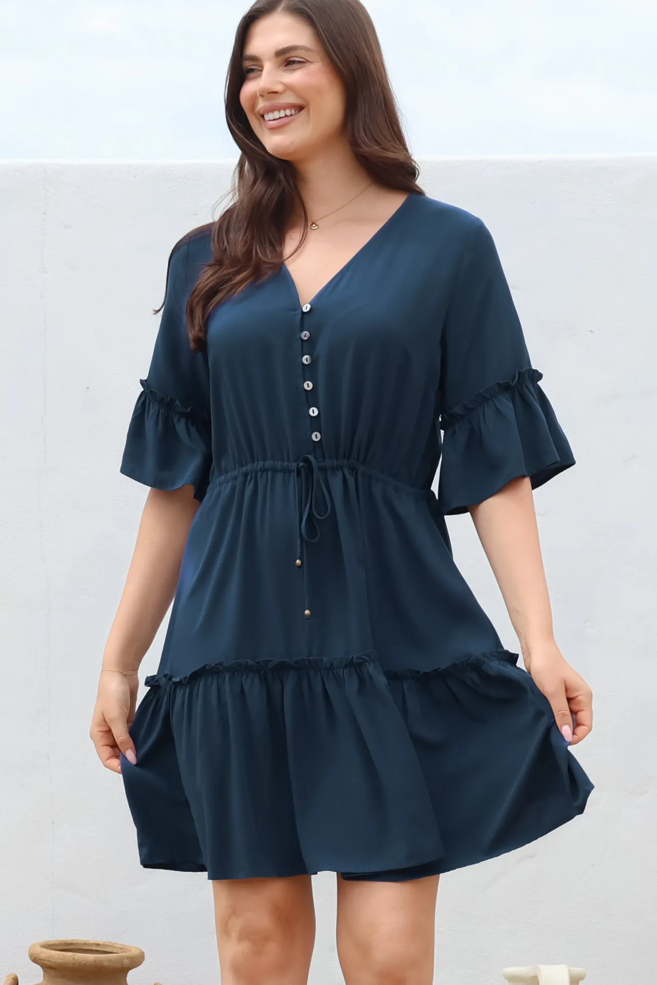 Kyra Mini Dress - Tiered V-Neck Dress with Pull Tie Waist in Blue>Salty Crush Outlet