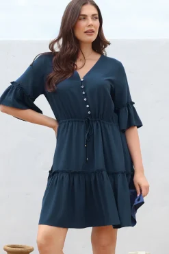 Kyra Mini Dress - Tiered V-Neck Dress with Pull Tie Waist in Blue><noscript><img width=