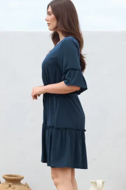 Kyra Mini Dress - Tiered V-Neck Dress with Pull Tie Waist in Blue><noscript><img width=