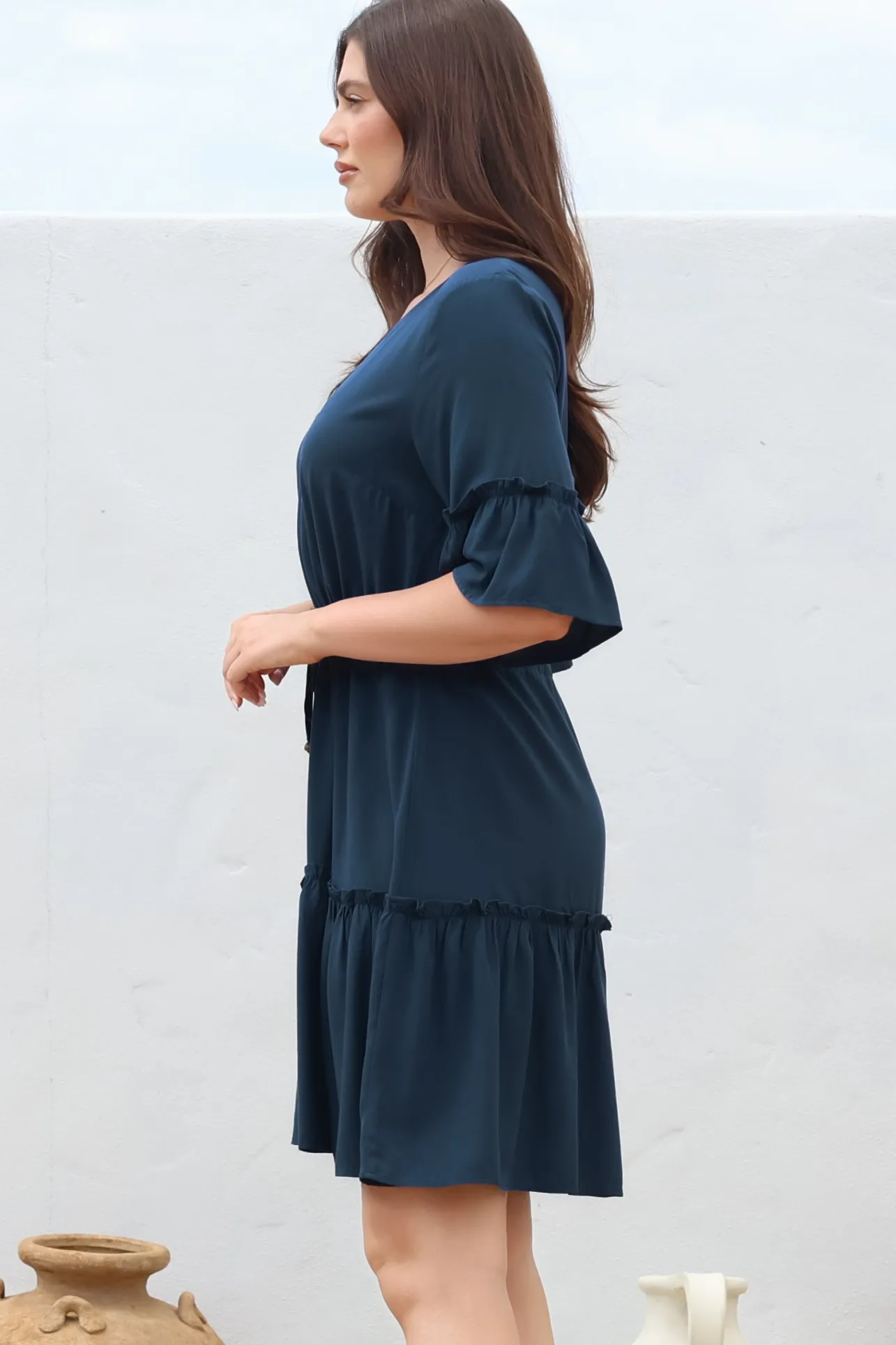 Kyra Mini Dress - Tiered V-Neck Dress with Pull Tie Waist in Blue>Salty Crush Outlet