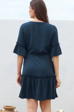 Kyra Mini Dress - Tiered V-Neck Dress with Pull Tie Waist in Blue><noscript><img width=
