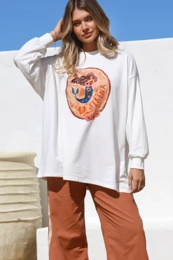 La Sirena Set - Graphic Long Sleeve Top and Pants with Stripe Accent in Orange><noscript><img width=