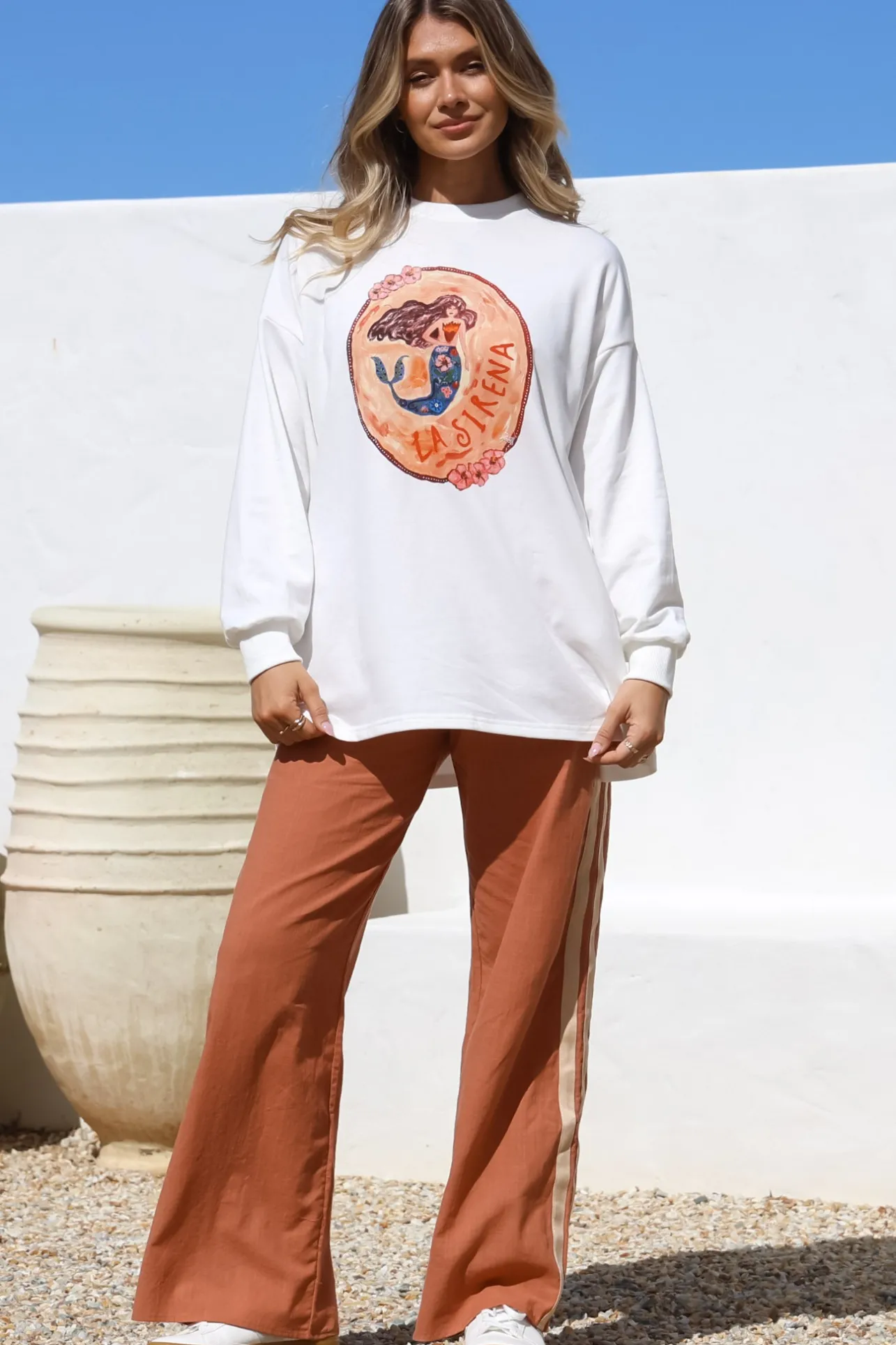 La Sirena Set - Graphic Long Sleeve Top and Pants with Stripe Accent in Orange>Salty Crush New