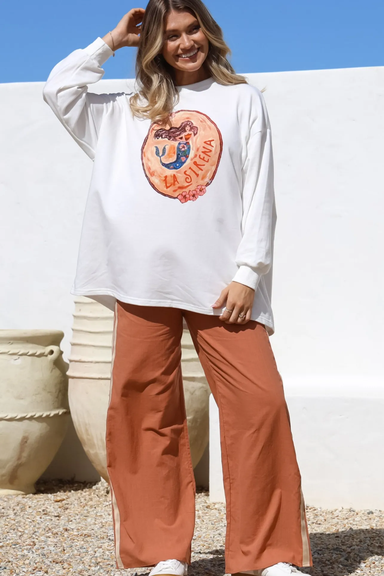 La Sirena Set - Graphic Long Sleeve Top and Pants with Stripe Accent in Orange>Salty Crush New