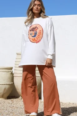 La Sirena Set - Graphic Long Sleeve Top and Pants with Stripe Accent in Orange><noscript><img width=