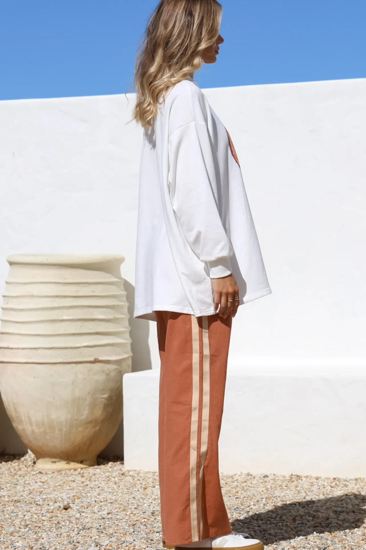 La Sirena Set - Graphic Long Sleeve Top and Pants with Stripe Accent in Orange>Salty Crush New