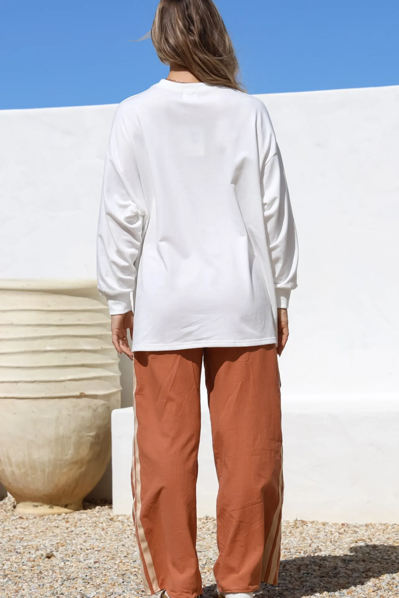 La Sirena Set - Graphic Long Sleeve Top and Pants with Stripe Accent in Orange>Salty Crush New