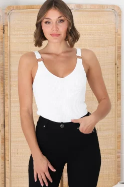 Lacen Ribbed Top - Gold Ring Detail V Neck Singlet Top in White>Salty Crush New