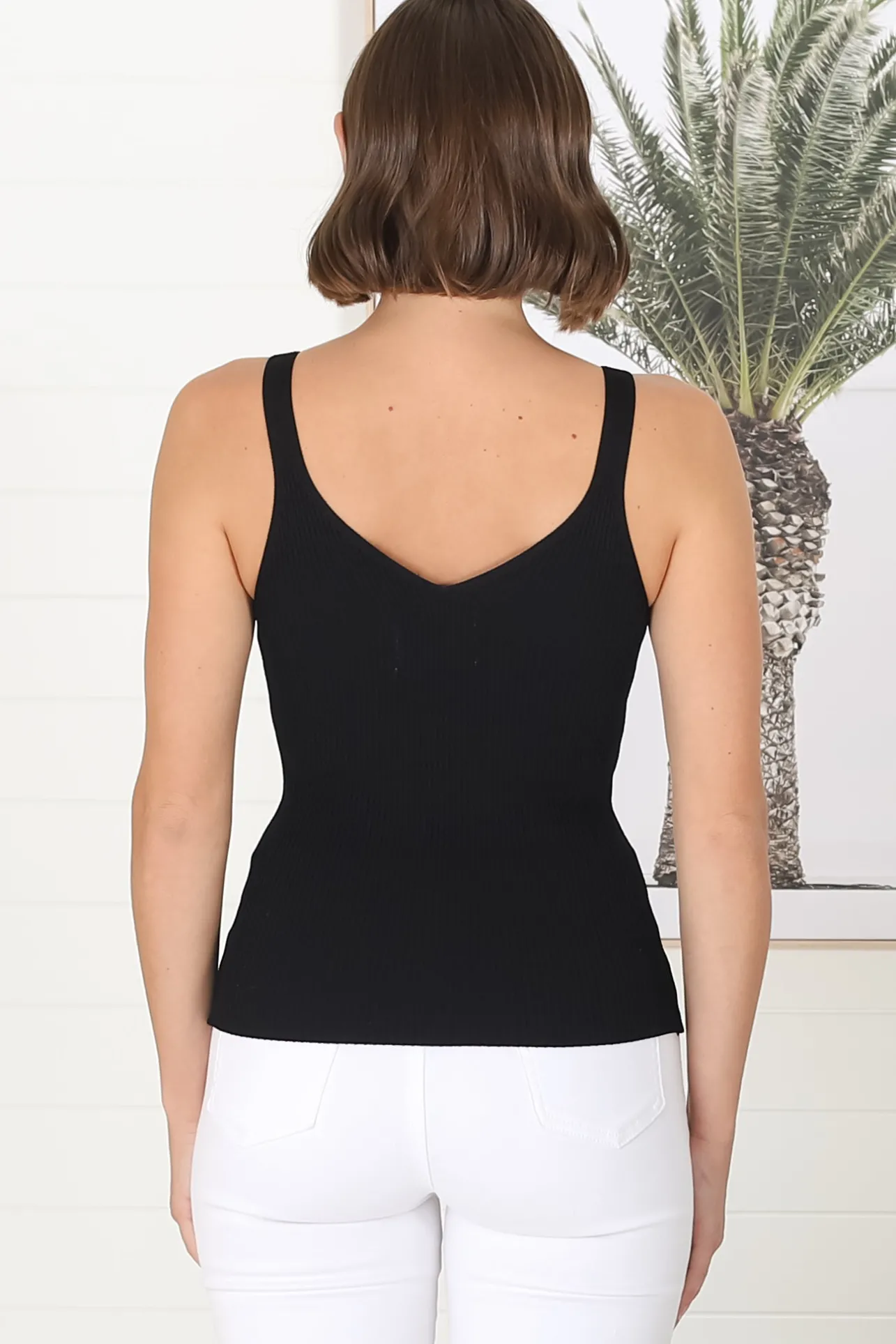 Lacen Ribbed Top - Gold Ring Detail V Neck Singlet Top in Black>Salty Crush Outlet