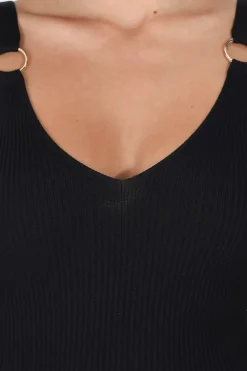 Lacen Ribbed Top - Gold Ring Detail V Neck Singlet Top in Black><noscript><img width=