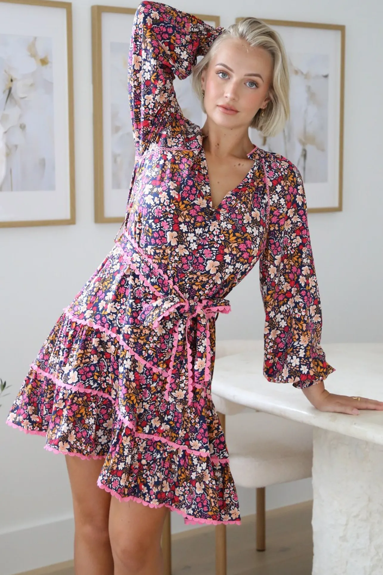 Lainie Mini Dress - Tiered Crochet Trim Mini Dress with Matching Belt in Fallon Print>Salty Crush Clearance
