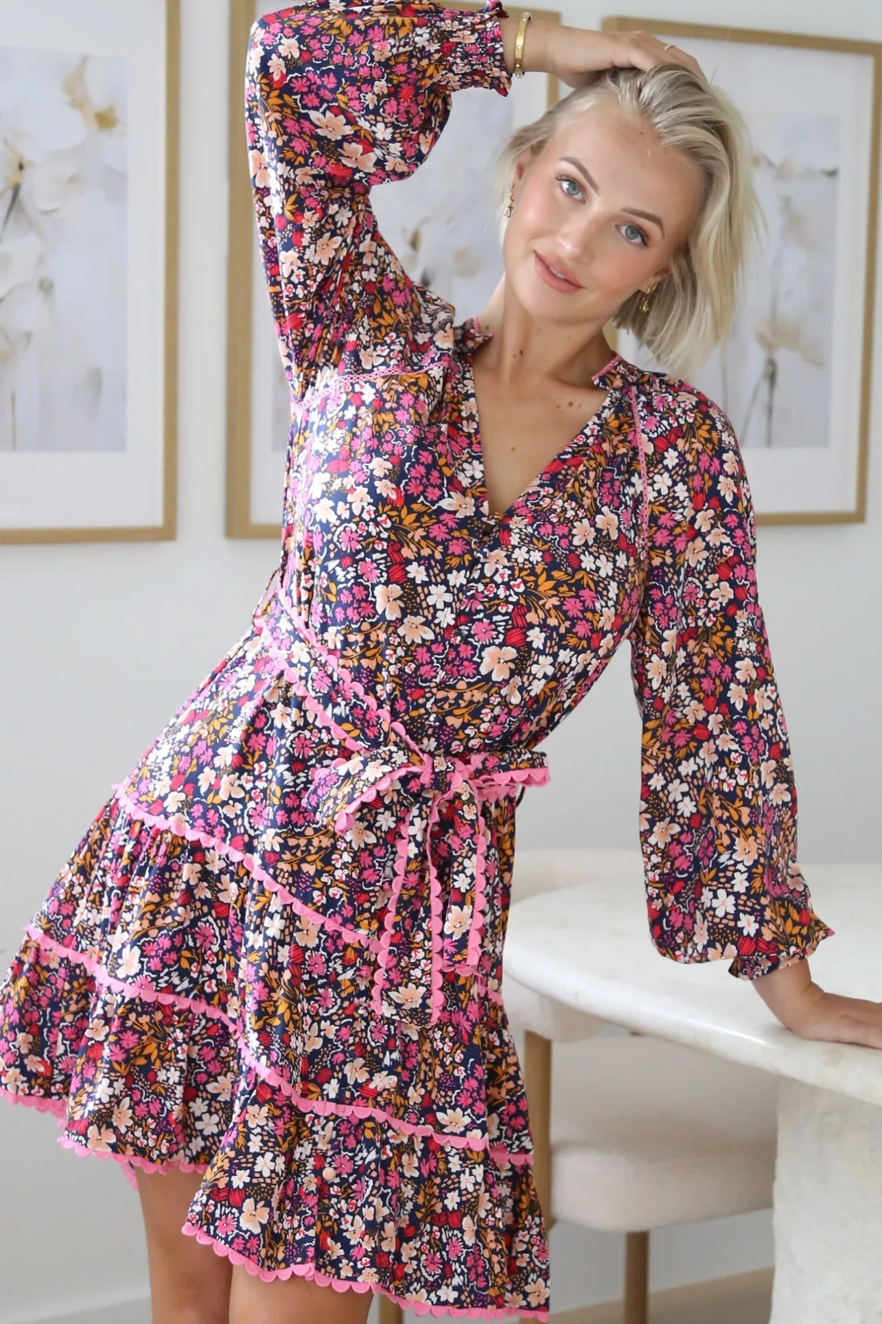 Lainie Mini Dress - Tiered Crochet Trim Mini Dress with Matching Belt in Fallon Print>Salty Crush Clearance